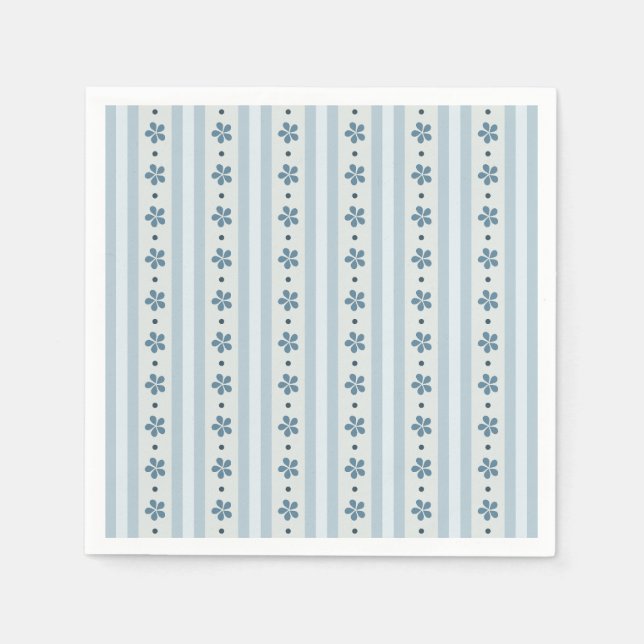 Serviette En Papier Rayures Bleues Clair Et Fleurs (Devant)