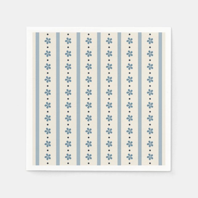 Serviette En Papier Rayures Bleues Et Crème Et Fleurs (Devant)