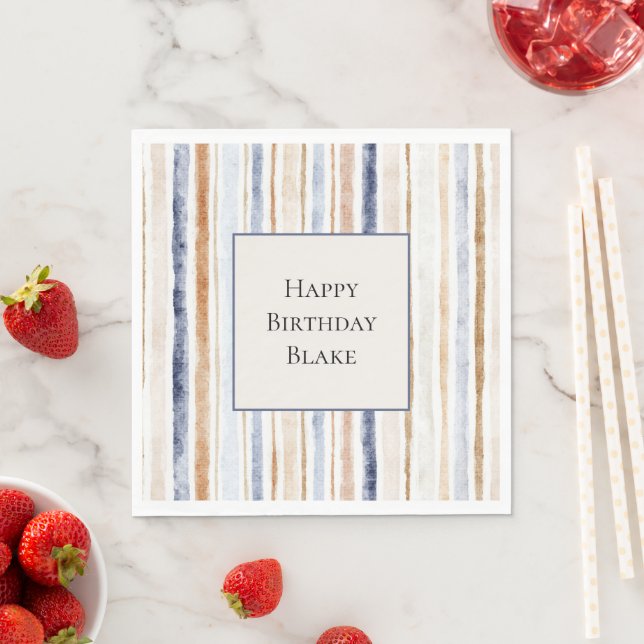 Serviette En Papier Rayures crème bleues Anniversaire (En situation)