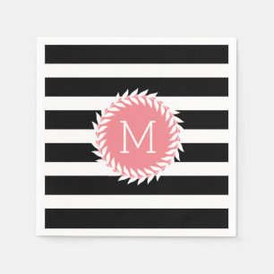 Serviette En Papier Rayures de Monogramed et guirlande noires et