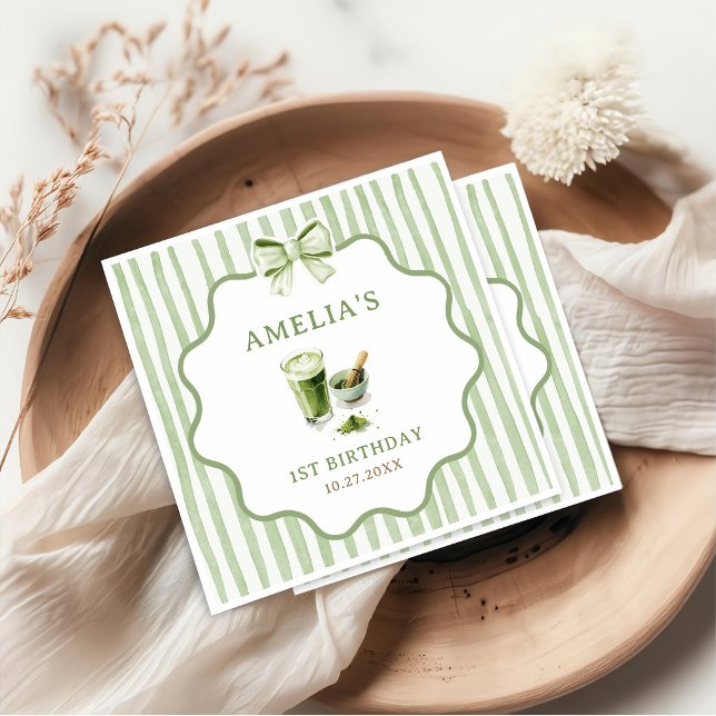 Serviette En Papier Rayures de ruban vert Matcha Anniversaire (Créateur téléchargé)