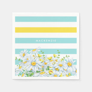 Serviette En Papier Rayures Girly d'Aqua avec les marguerites jaunes