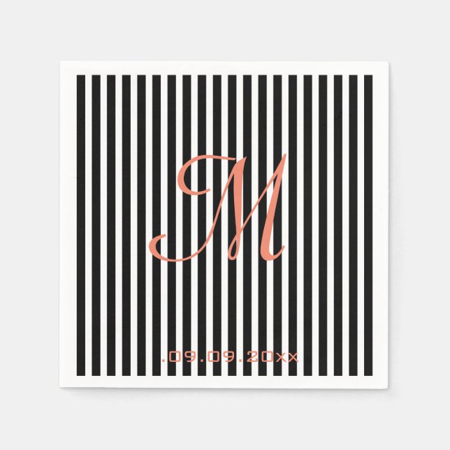 Serviette En Papier Rayures Monogramme Noir Blanc Fête de célébration (Devant)