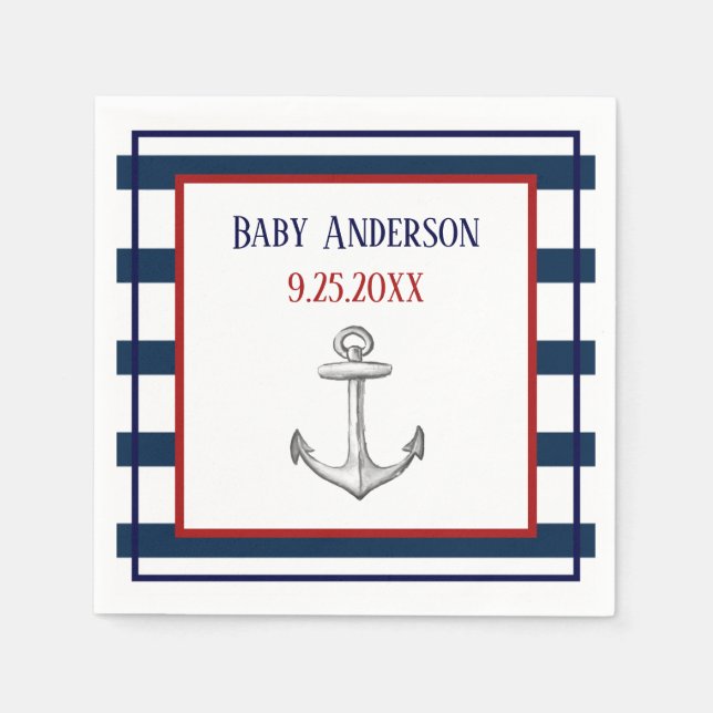 Serviette En Papier Rayures nautiques et Baby shower Ancre (Devant)