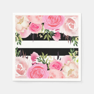 Serviette En Papier Rayures noires et blanches Fleurs roses Baby Showe