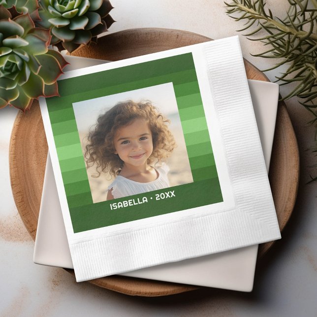 Serviette En Papier Rayures Rétro - Vert de Noël - Photo Simple (Custom Party Napkin with Photo)