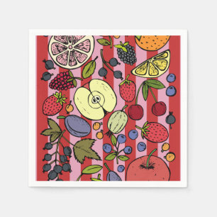 Serviette En Papier Rayures roses et rouges avec des fruits colorés