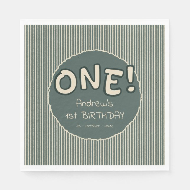 Serviette En Papier Rayures Vert Foncé 1er Anniversaire (Devant)