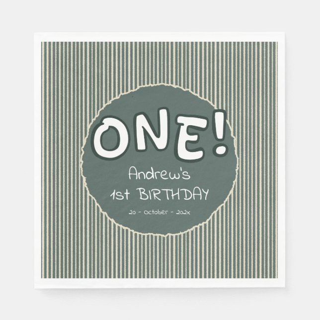 Serviette En Papier Rayures Vert Foncé 1er Anniversaire (Devant)