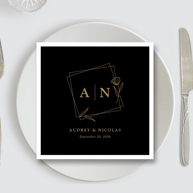 Serviette En Papier Réception de mariage au monogramme Or Noir (Sleek Black & Gold Personalized Wedding Reception Napkins)