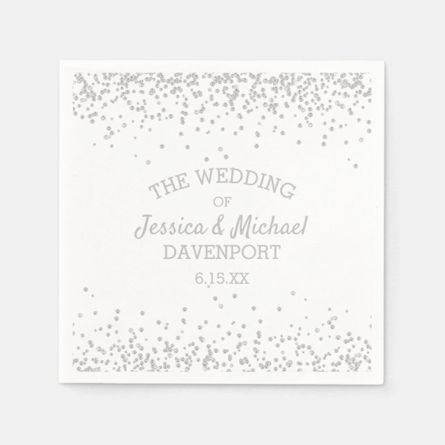 Serviette En Papier Réception de mariage élégante blanche et argentée  (Devant)