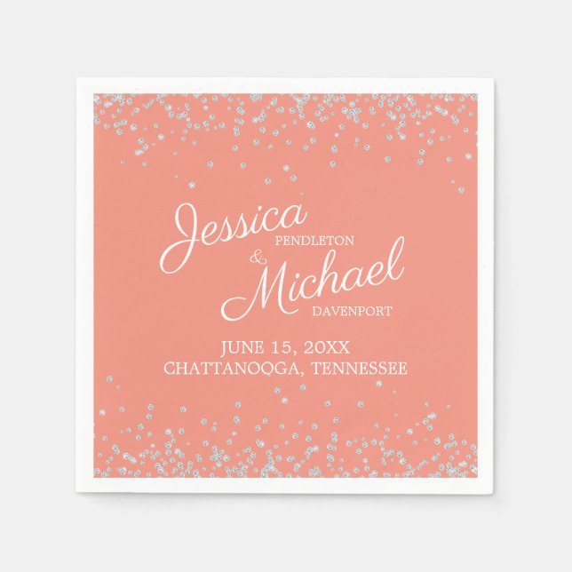Serviette En Papier Réception de mariage paillettes argentées et blanc (Devant)