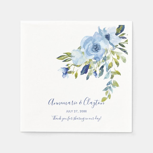 Serviette En Papier Réception florale bleu clair et marine | (Devant)