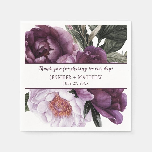 Serviette En Papier Réception Luscieuse Vibrant Plum Peonies | (Devant)