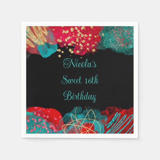 Serviette En Papier Red Alcohol Enk Sweet 16 Anniversaire (Devant)
