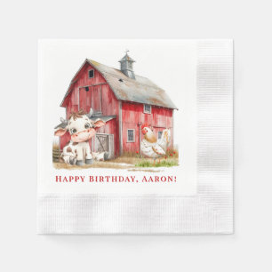 Serviette En Papier Red Barn Cute Cow and Chicken Boy Anniversaire Par