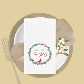 Serviette En Papier Red Berries Wreath and Red Cardinal Christmas