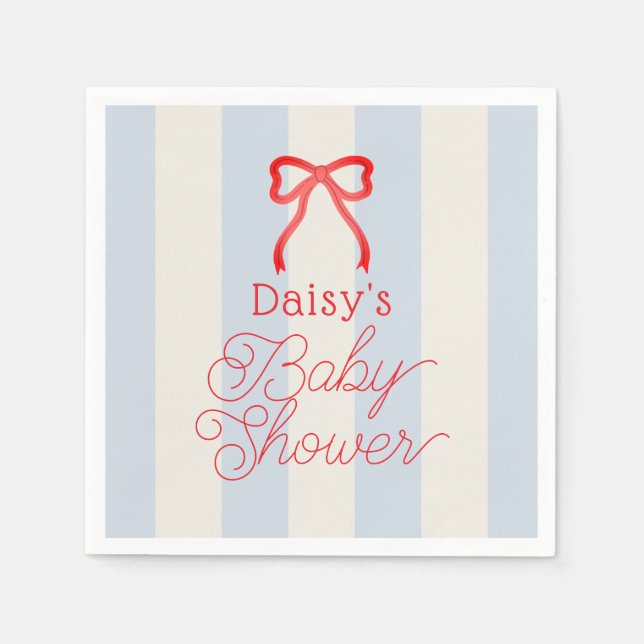Serviette En Papier Red Bow & Pale Blue Stripes Baby Shower (Devant)