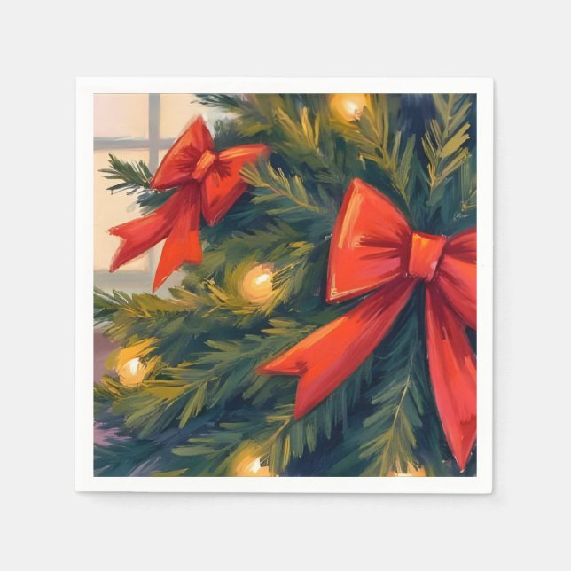 Serviette En Papier Red Bows Christmas Tree Watercolor Holiday (Devant)