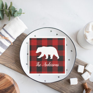 Serviette En Papier Red Buffalo Plaid & Bear   Nom personnel Cadeau