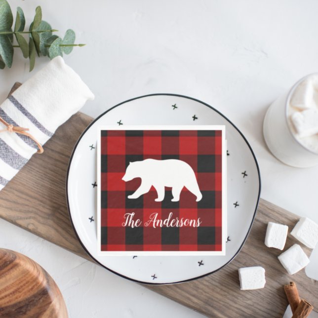 Serviette En Papier Red Buffalo Plaid & Bear | Nom personnel Cadeau (Créateur téléchargé)