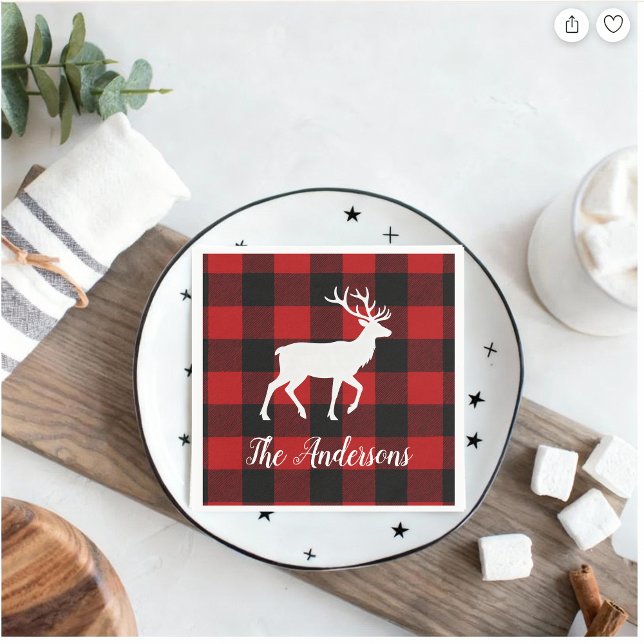 Serviette En Papier Red Buffalo Plaid & Reindeer | Personal Name Gift  (Créateur téléchargé)