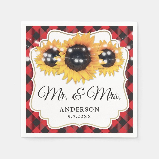 Serviette En Papier Red Buffalo Plaid Tournesol Mr & Mrs Mariage (Devant)