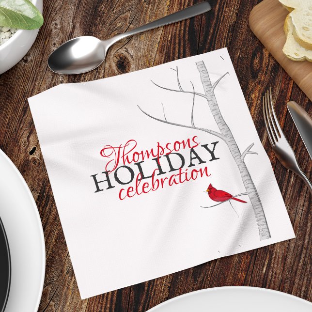 Serviette En Papier Red Cardinal Birger Tree Vacances d'hiver simples (Holiday red cardinal and birch tree holiday party paper napkin. )