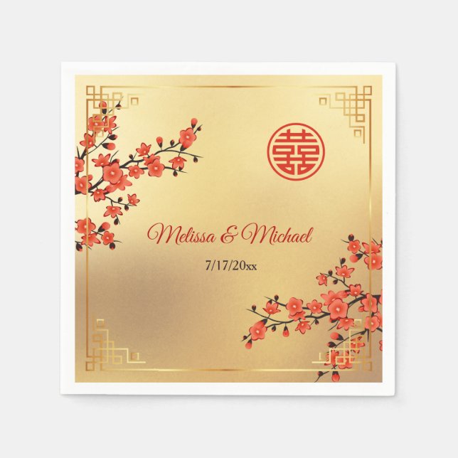 Serviette En Papier   Red Cherry Blossoms Gold Chinese Wedding Custom (Devant)