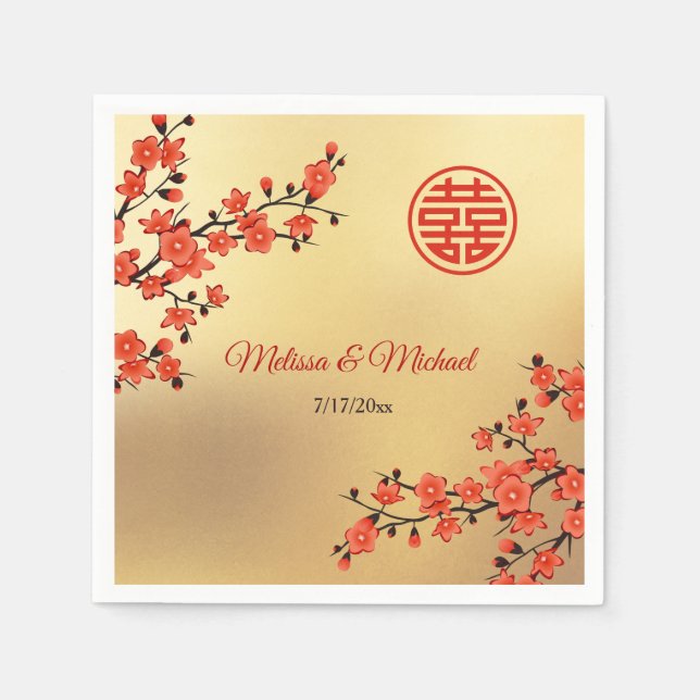 Serviette En Papier Red Cherry Blossoms Gold Mariage chinois personnal (Devant)