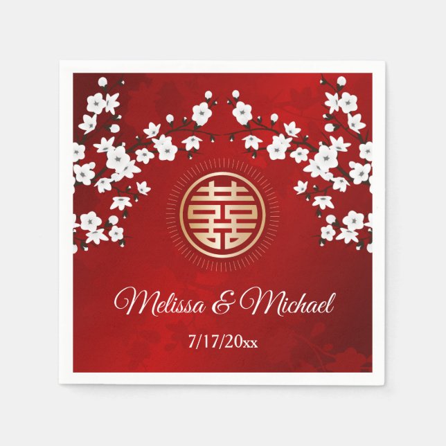 Serviette En Papier Red Cherry Blossoms Gold Mariage chinois personnal (Devant)