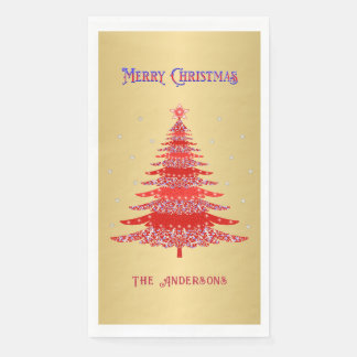 Serviette En Papier Red Christmas Tree Snowflics Nom personnalisé Gold