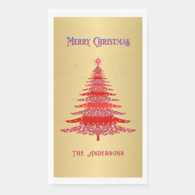 Serviette En Papier Red Christmas Tree Snowflics Nom personnalisé Gold (Devant)