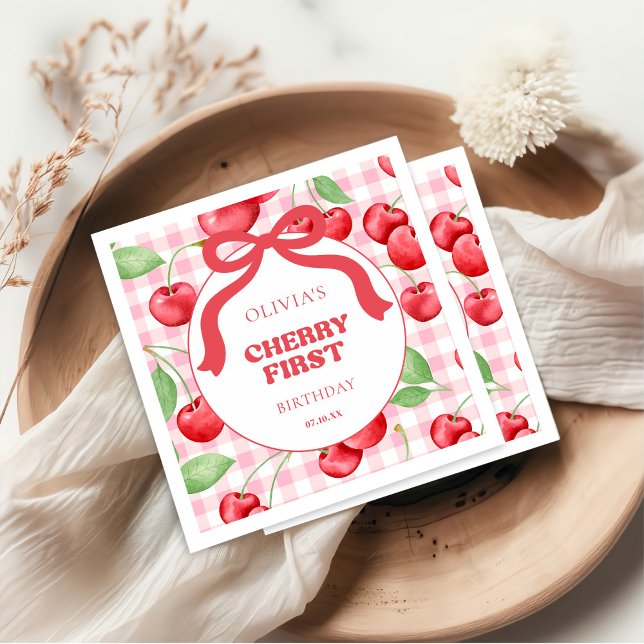 Serviette En Papier Red Coquette Bow Cherry Première fête d'anniversai (Créateur téléchargé)