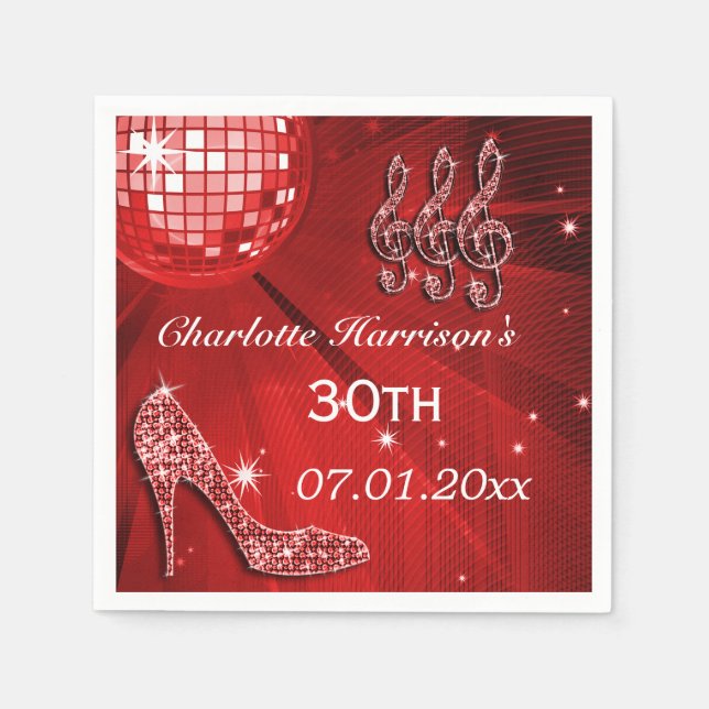 Serviette En Papier Red Disco Ball and Sparkle Heels 30th (Devant)