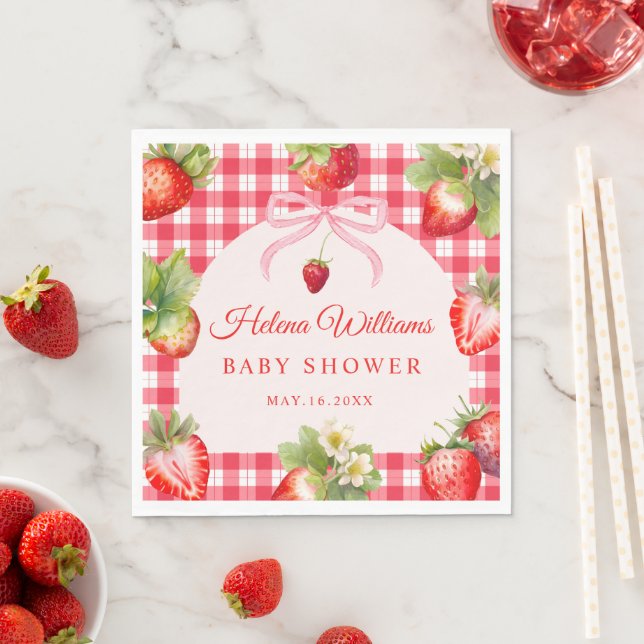 Serviette En Papier Red Gingham Strawberry Baby Shower Paper Napkin (En situation)