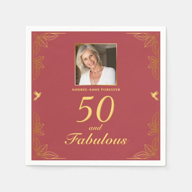 Serviette En Papier Red Gold moderne 50 Fabuleux photo Anniversaire (Devant)