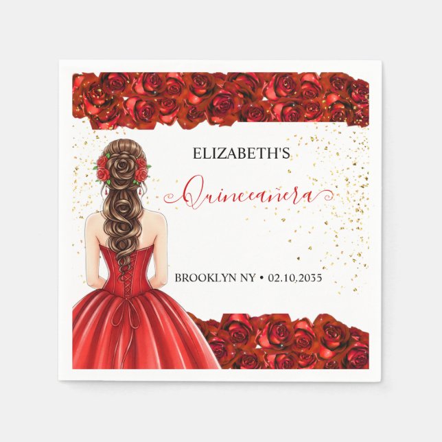 Serviette En Papier Red & Gold Quinceañera Custom Party Napkins (Devant)