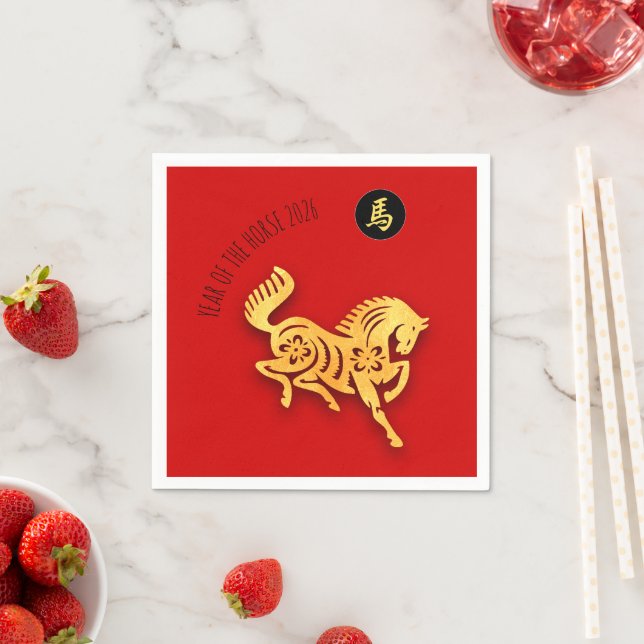 Serviette En Papier Red Golden Horse Papercut Chinese New Year 2026 N (En situation)
