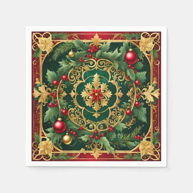 Serviette En Papier Red Green Gold Noël Holiday Napkin (Devant)