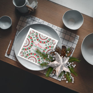 Serviette En Papier Red Green Nordic Folk Motifs On Linen Christmas