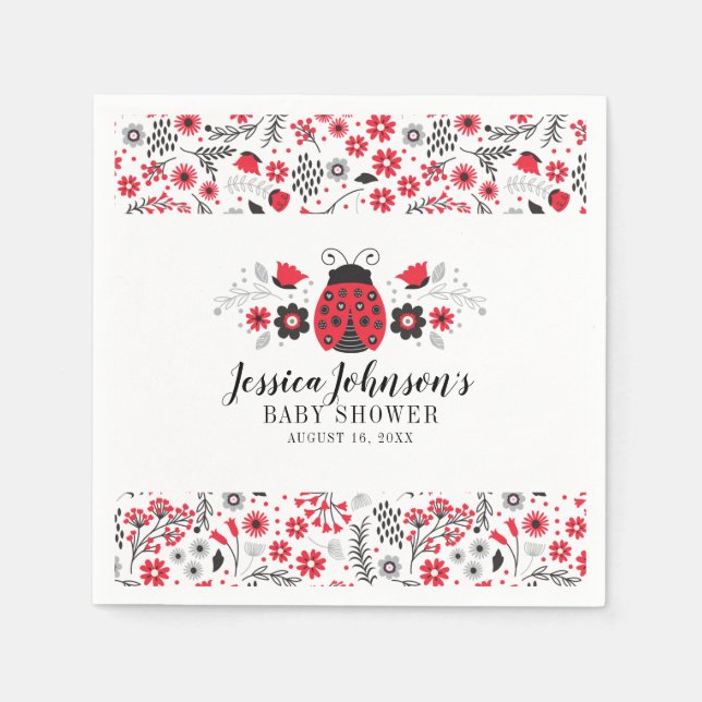Serviette En Papier Red Ladybug Personnalisé fille Baby shower floral (Devant)