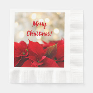 Serviette En Papier Red Poinsettia White Gold Bokeh fête de Noël
