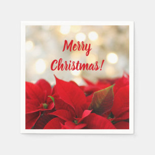 Serviette En Papier Red Poinsettia White Gold Bokeh fête de Noël
