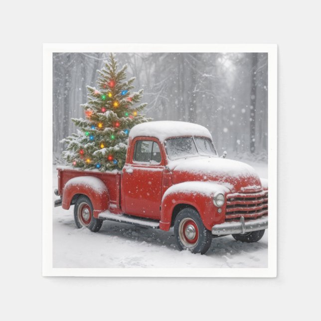 Serviette En Papier Red Retro Truck With Christmas Tree (Devant)