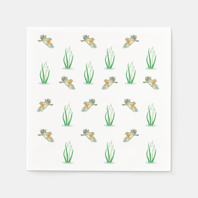 Serviette En Papier Red Robin Oiseaux & Snowdrops Jouer Motif de print (Devant)