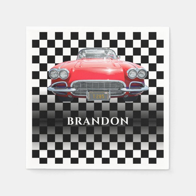 Serviette En Papier Red Sport's Car, White Name, B/W À damiers (Devant)