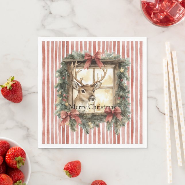 Serviette En Papier Red Stripes Bows Christmas Deer in Window (En situation)