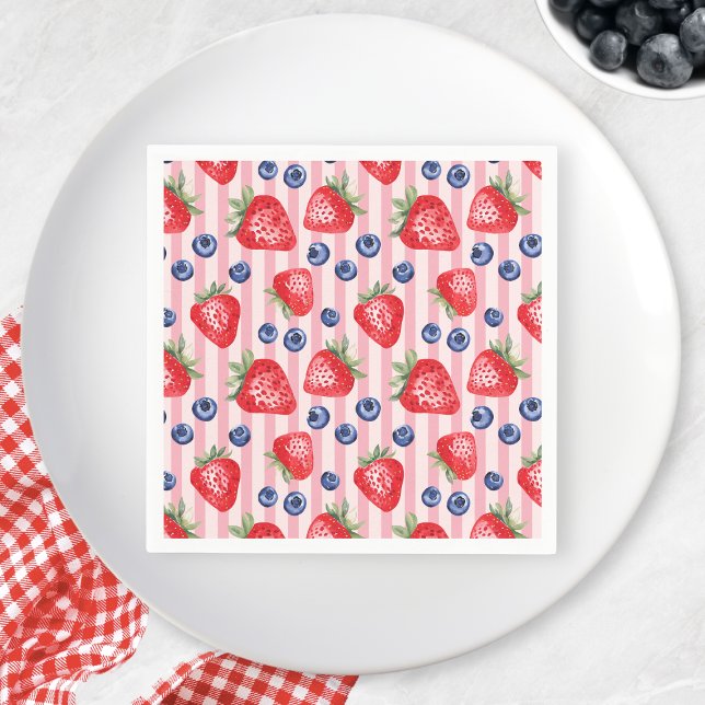 Serviette En Papier Red Stripes Fraise Blueberry fête d'anniversaire (Red Stripes Strawberry Blueberry Birthday Party Napkins)