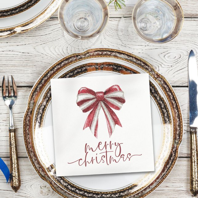 Serviette En Papier Red White Parties scintillant Bow Joyeux Noël (Créateur téléchargé)